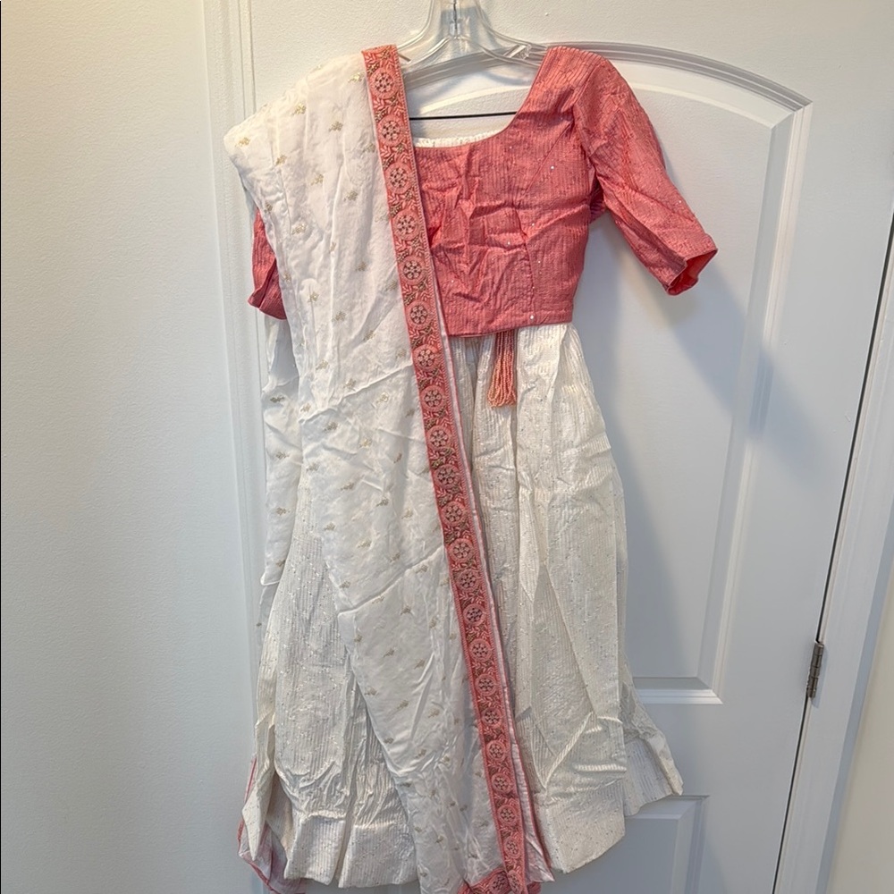 Elegant White and Coral Lahenga